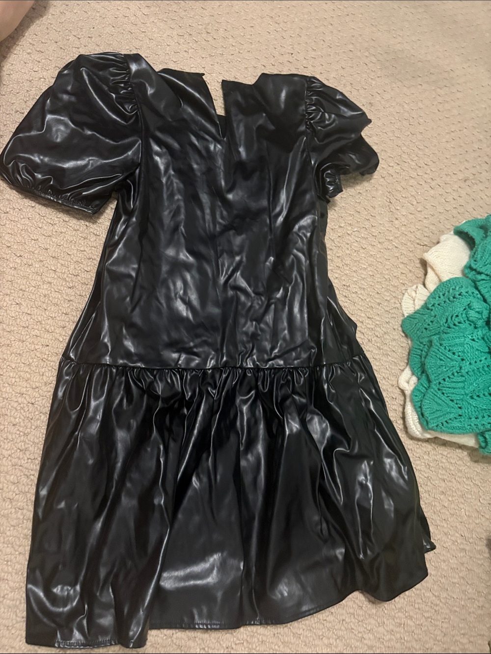 English Factory Black Faux Leather Puff Sleeve Mini Dress